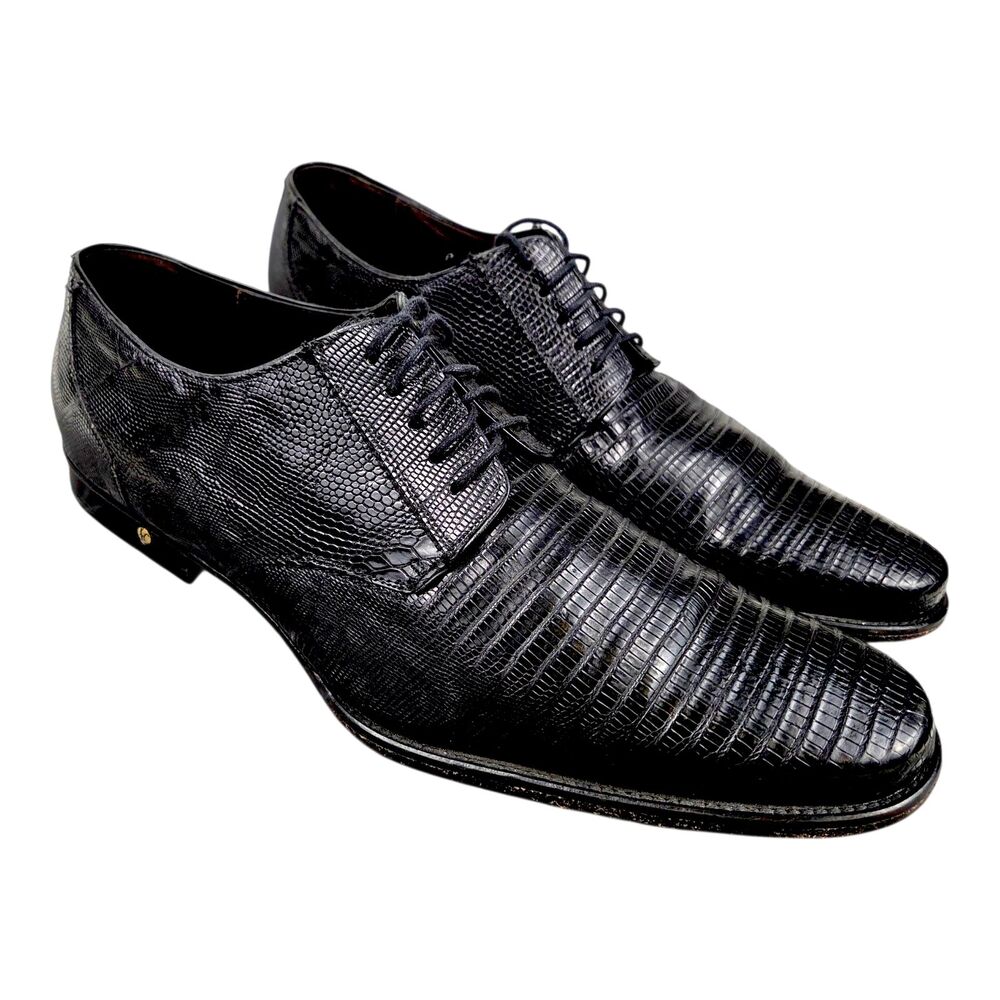 Franco Cuadra Oxford Dress Shoes Black Leather Exotic Lizard Skin Mens US 13.5